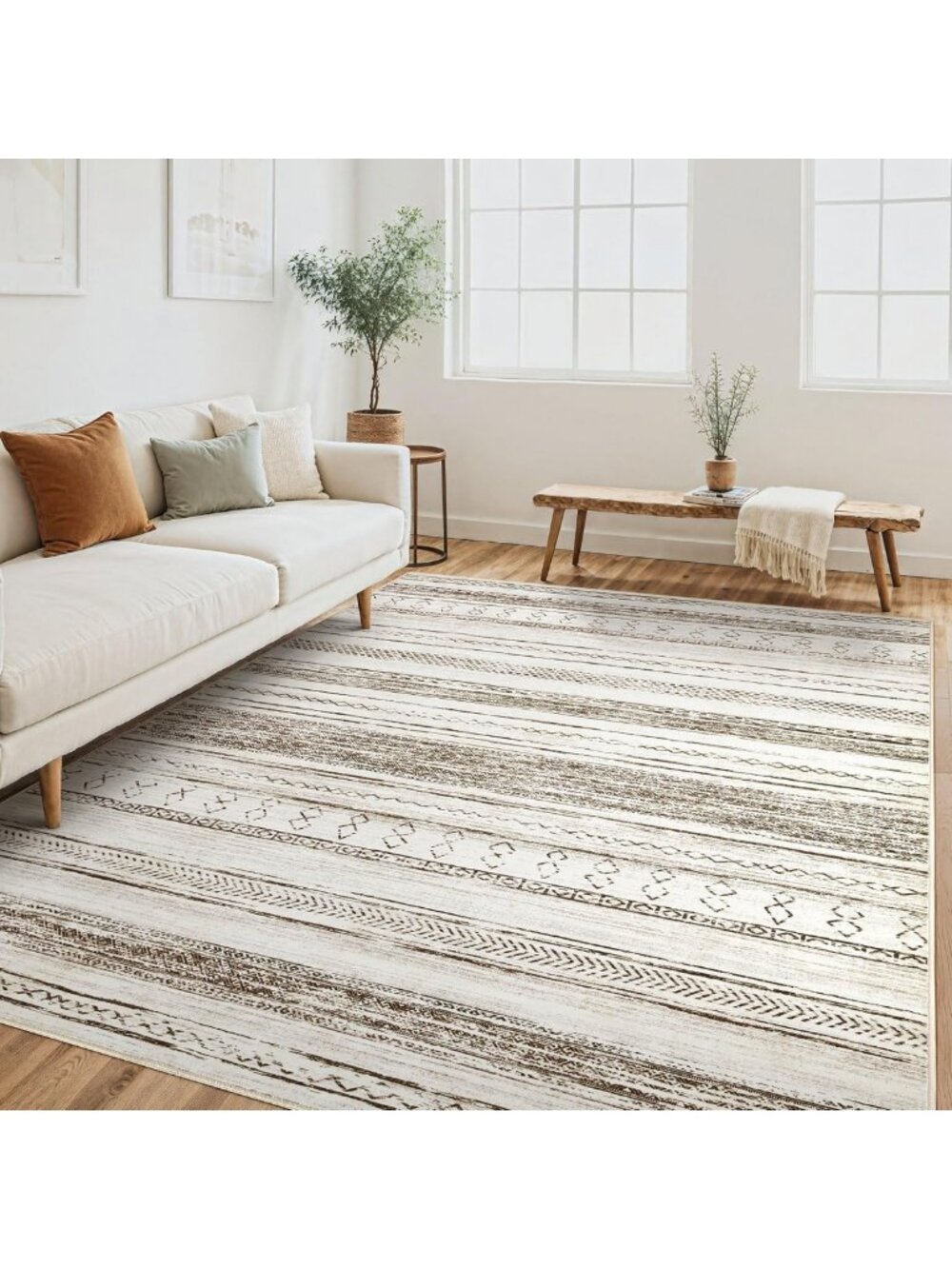 Soft Washable 5x7 Area Rug - Neutral Boho Moroccan Indoor Carpet for Living